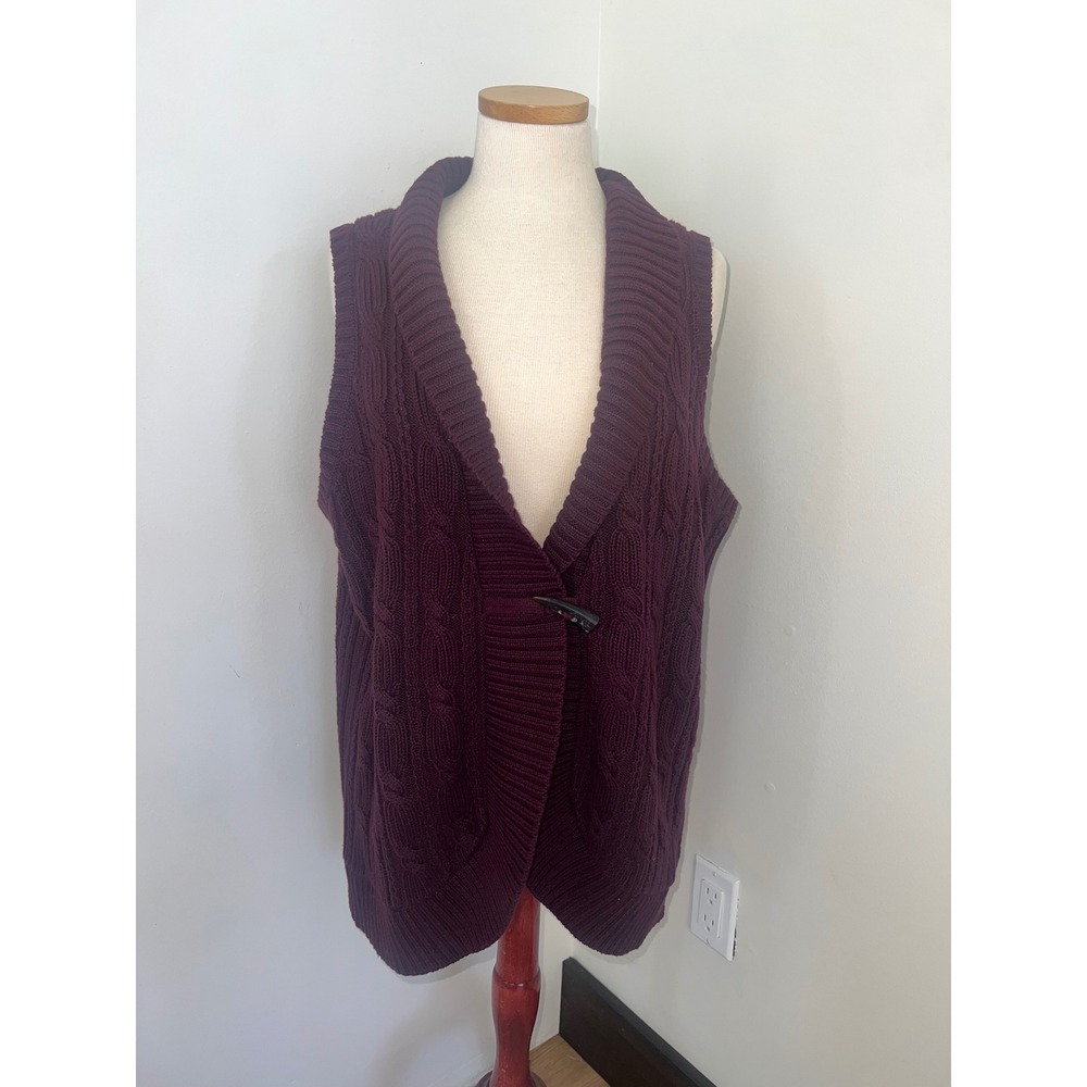 Chaps‎ Woman Bordeaux Purple Cable Knit Toggle Sweater Vest 1X NWT Cotton